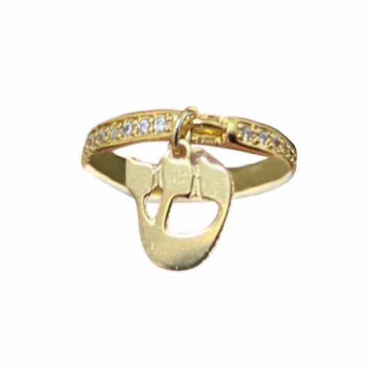 Gold Plated and Cubic Zirconia Rhinestone Band Ring with Hanging Hebrew Initial